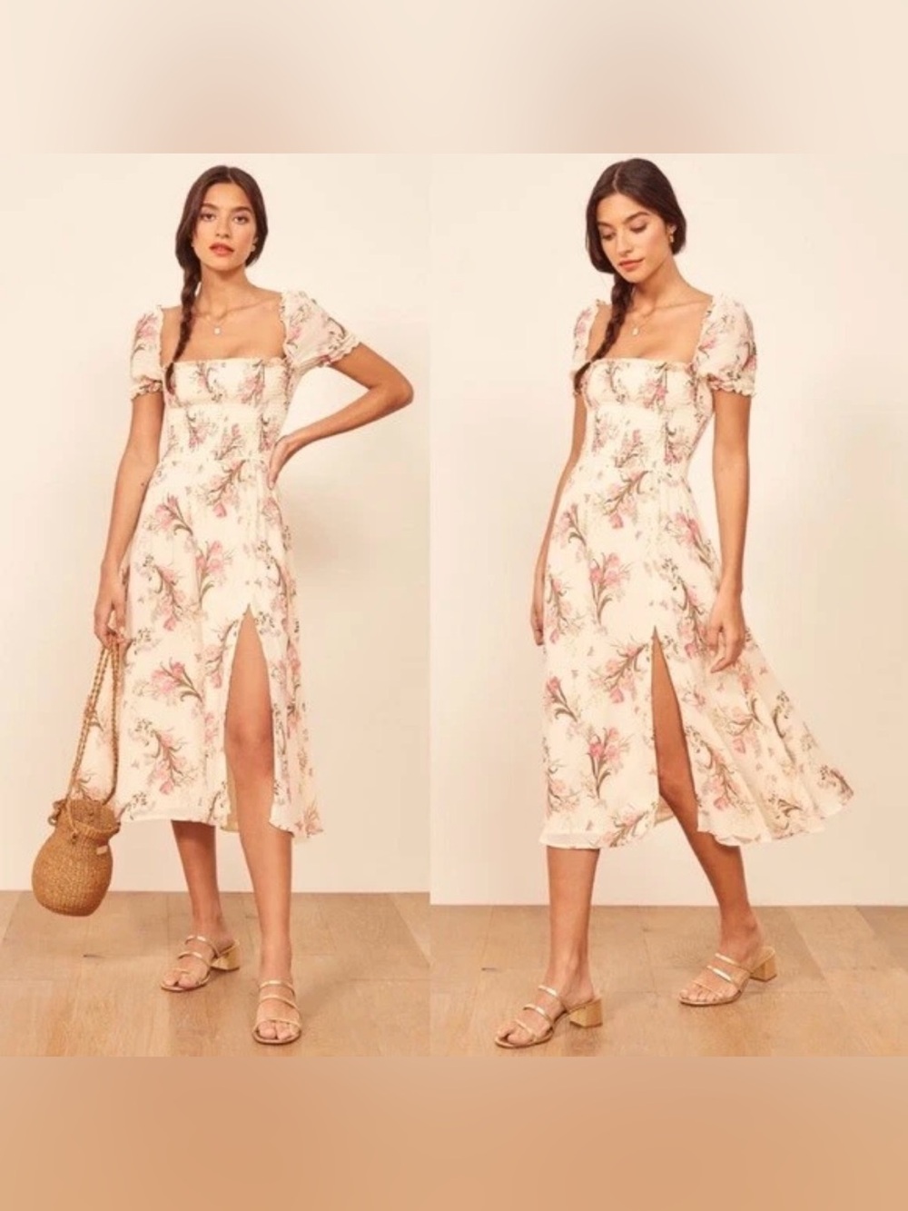 REFORMATION Leila Ivory Pink Floral Inka Smocked Bodice Slit Crepe Midi Dress XS